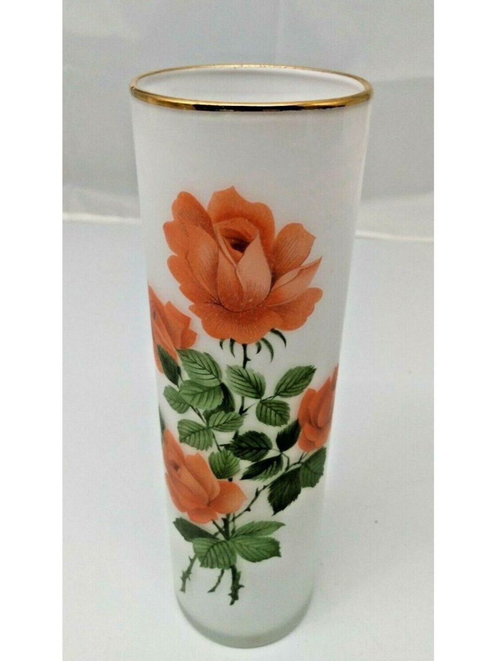 Opaque White Glass Vase with Orange Rose Florals 8 inch
